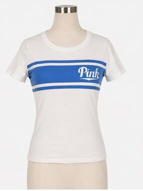 PINK Victoria’s Secret XS White Blue Logo Tee Graphic T-Shirt Short Sleeve